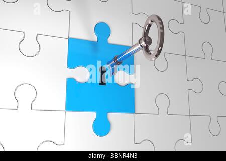 Antique metallic key is fitting into blue puzzle piece in 3D render with white interlocking pieces Stock Photo