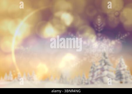 Stylized winter landscape is featuring snow-covered pines, bokeh, shimmering snowflake motif Stock Photo