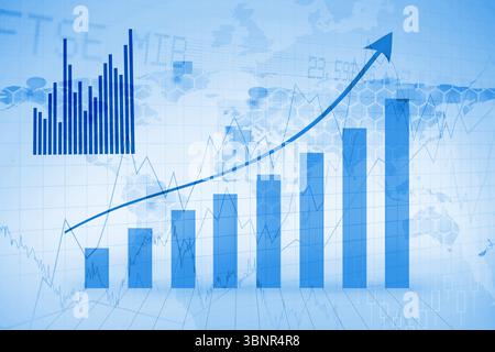 Ascending bar chart is rising in flat design with line graph, hex overlay and world map Stock Photo