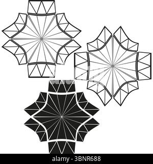 Geometric star icons. Faceted polygon wheels. Angular rosette forms. Vector symmetry set. Stock Vector