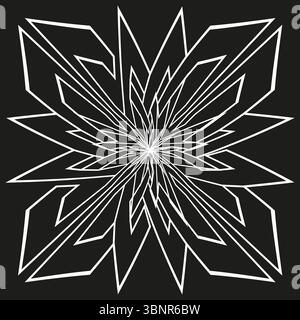 White starburst icon. Radiant line motif. Geometric flare Vector. Black backdrop graphic. Stock Vector