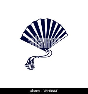 Japanese fan. Silhouette of traditional oriental souvenir in graphic black and white style. Hand drawn vector illustration. For tourist postcards, inv Stock Vector