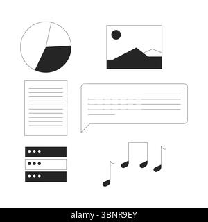 Multimedia and data elements 2D line objects set Stock Vector