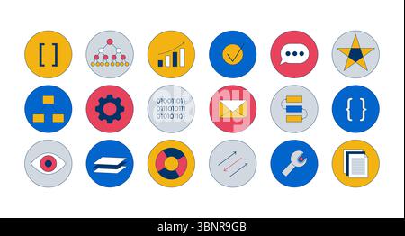 Technology and data 2D cartoon round stickers objects set Stock Vector