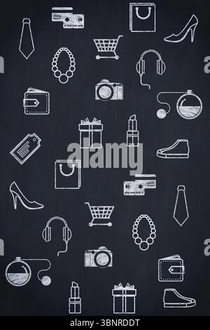 Chalkboard-style background is showing repeating white chalk shopping and fashion icons on surface Stock Photo