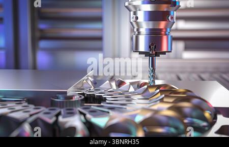 Cnc milling machine creating metal part 3d Stock Photo