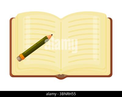 Flat vector illustration of an open lined book with a green pencil. Perfect for education, study, journaling, learning, or creative work. Ideal for ac Stock Vector