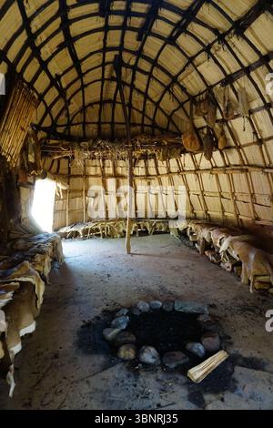 Interior of a traditional Native American tent, or indigenous hut, with ...