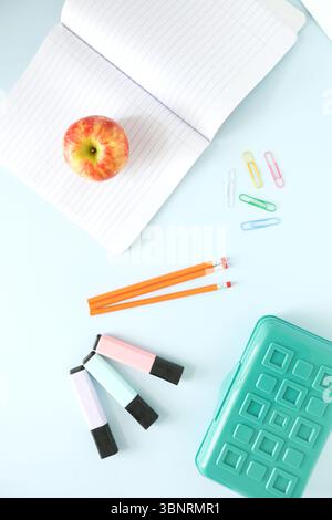 Flay Lay of Back To School Supplies in Pastel Stock Photo