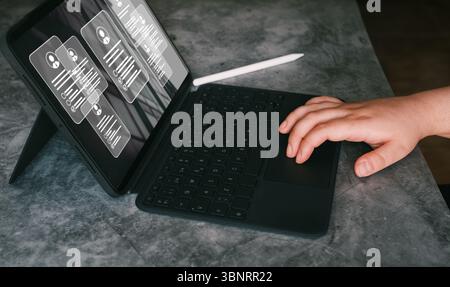Human Resources management concept. Recruitment employment headhunting screen on digital tablet. Business woman uses tablet to search and select job. Stock Photo