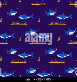 Underwater Seamless Pattern. Two Sharks wild animals with algae and sandy seabed on dark Blue Background. Vector Illustration in flat style Stock Vector