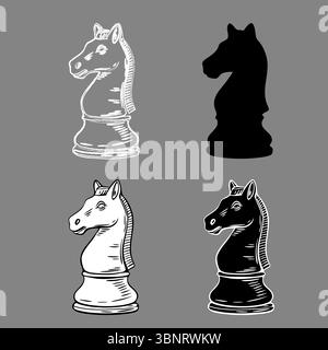 Four different visual styles of a knight chess piece, including sketch, fill and outline. Stylish vector for print and digital use. Stock Vector