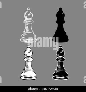 Set of four chess bishops in different visual treatments hand-drawn, filled, line and shaded versions. Great for print and apps. Stock Vector