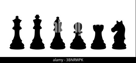 Solid black silhouettes of all standard chess pieces in a horizontal row. Minimal and powerful design for game and icon use. Stock Vector