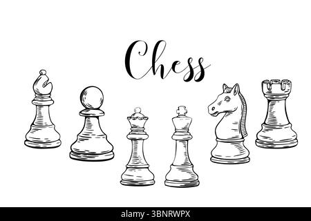 Hand drawn chess pieces arranged in a row with elegant Chess lettering. Perfect for vintage design and educational visuals. Stock Vector