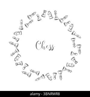 Hand drawn chess pieces arranged in a circle with Chess title in the center. Vintage illustration for educational or design use. Stock Vector