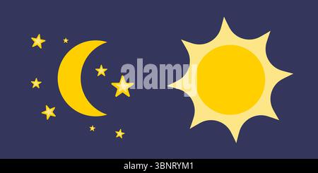 Simple flat icon sun and moon. Images of sun and moon with stars, isolated on blue night background. Vector elements Stock Vector