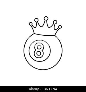 A playful outline illustration of an 8-ball adorned with a crown, great for themes of billiards, victory, royalty, or whimsical fortune. Stock Vector