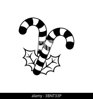 Outline illustration of two candy canes with holly, ideal for Christmas and holiday season designs. Stock Vector