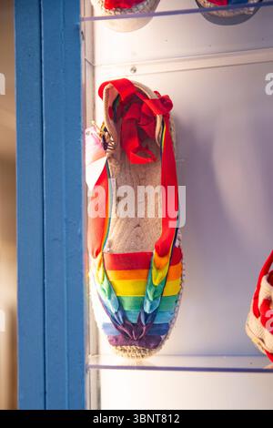 Summer shoes Espadrilles with LGBT manufactures, showcase in Sitges, Spain, 30.06.2025 Stock Photo