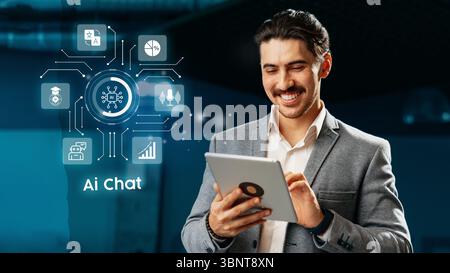 Professional man engaging with AI chat technology in a modern office environment Stock Photo