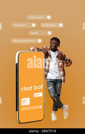 Engaging young man showcases chatbot technology highlighting AI capabilities in content creation and programming assistance Stock Photo