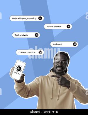 Man holding smartphone showcasing AI chatbot features for programming assistance and content creation Stock Photo