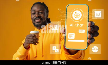 Smiling man showcasing AI chat application on smartphone while holding coffee in bright studio setting Stock Photo