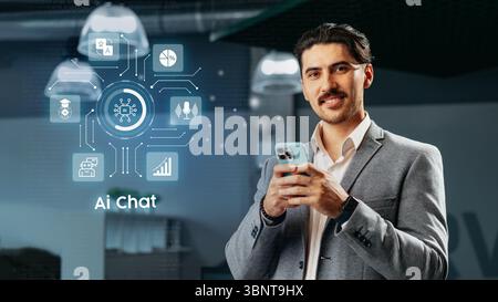 Professional man engaging with AI technology in a modern office environment Stock Photo