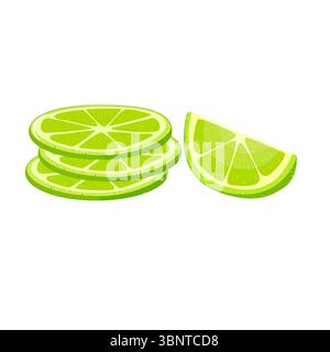 Green lime with round slices and wedges on white background. hand drawn Stock Vector