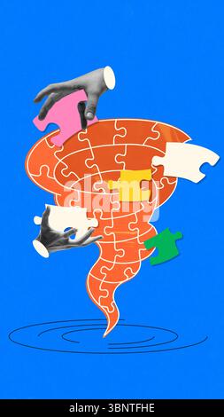 Bold colorful poster. Puzzle pieces forming a tornado with hands holding pieces Stock Photo
