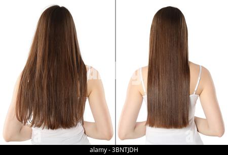 Hair combing, straightening. Woman showing hairstyle before and after different procedures on white background, back view. Collage of photos Stock Photo