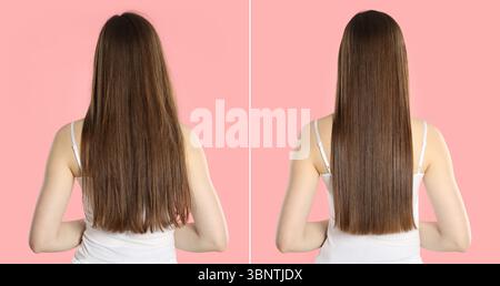 Hair combing, straightening. Woman showing hairstyle before and after different procedures on pink background, back view. Collage of photos Stock Photo