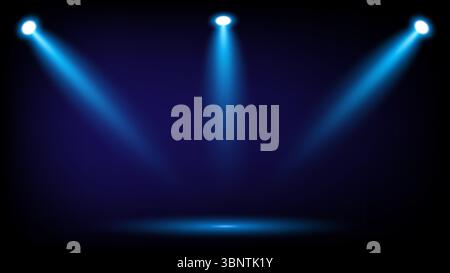 Three blue spotlights separated from top, left and right with shadows on black background, Suitable for use on stage or clip art, vector illustration Stock Vector