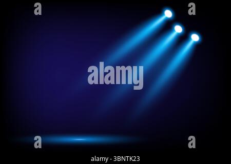 Three blue spotlights separated from the right with shadows on a black background, Suitable for use on stage or clip art, vector illustration Stock Vector
