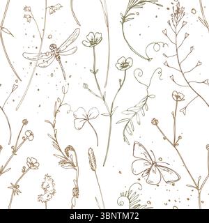 Floral seamless pattern in elegant line art style with butterflies, dragonflies, and wild plants. Hand-drawn delicate nature-inspired illustration on Stock Vector
