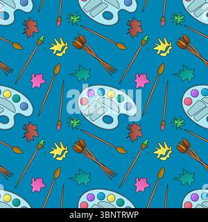 Seamless art supplies pattern with watercolor palettes, brushes, and colorful paint splashes on blue background. For back to school theme, school stat Stock Vector