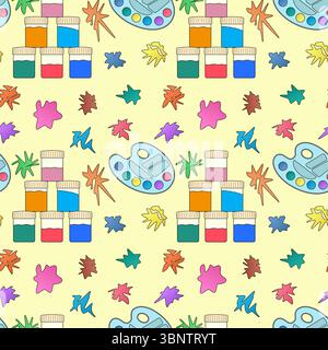Seamless artistic art pattern with paint jars, palettes and colorful paint splashes on yellow background. For back to school theme, school supplies or Stock Vector