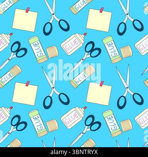 Seamless pattern of school supplies with scissors, glue sticks, and sticky notes illustration on blue background. For back to school theme, school sta Stock Vector