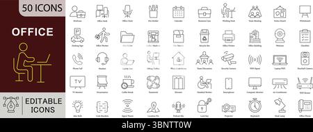 Office Workspace Line Icons: Business, Productivity, Meeting and Home Office Vectors Stock Vector