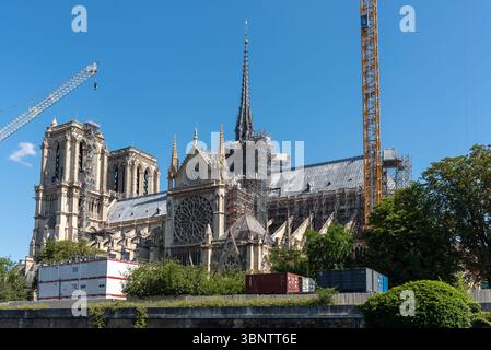 Side view of the Notre Dame still being restored in 2025 after the fire in 2019. Notre-Dame de Paris. Cathedral of Our Lady of Paris on Île de la Cité Stock Photo