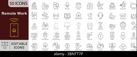 Remote Work Line Icons: Home Office, Online Collaboration and Digital Nomad Vectors Stock Vector