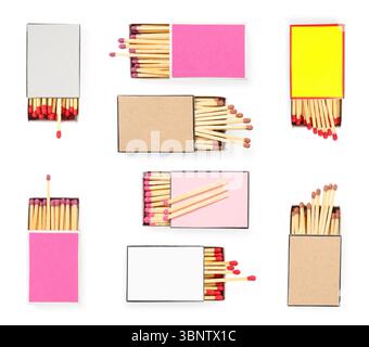 Cardboard boxes with matches on white background, set. Top view Stock Photo