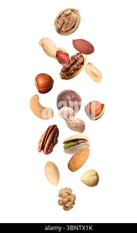 Peanut and other nuts falling on white background Stock Photo