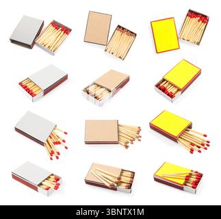 Cardboard boxes with matches on white background, set Stock Photo