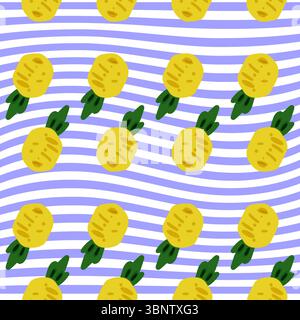 Tropical Pineapple Waves Pattern. Seamless pattern with yellow pineapples on wavy purple background. Flat cartoon tropical style. Stock Vector