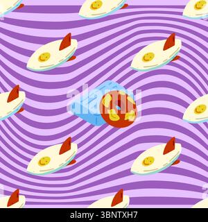 Playful Summer Beach Pattern. Seamless pattern with surfboards, inflatable ring and mattress on wavy purple background. Flat cartoon summer style. Stock Vector