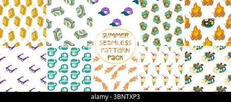 Summer Beach Travel Pattern Set. Seamless set of summer beach patterns with fruits, books, sandcastles, drinks, balls and chairs on white background. Stock Vector