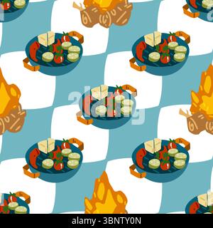 Campfire Picnic Food Pattern. Seamless pattern with campfire and picnic plates with cheese, sausage, cucumbers and tomatoes on blue checkered backgrou Stock Vector