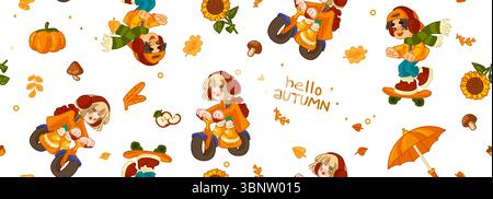 Seamless Autumn Kids Activity Pattern. Seamless pattern with cartoon kids on bicycles and skateboards, pumpkins, sunflowers, mushrooms, leaves and umb Stock Vector